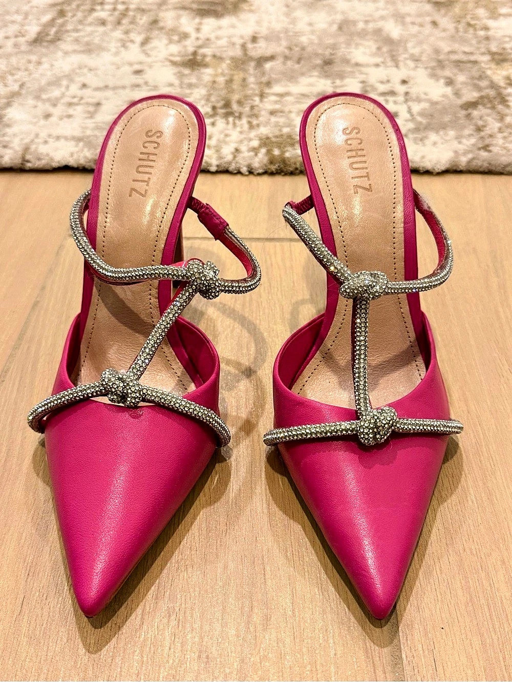 SCHUTZ Pearl Pink Crystal Knot Pointed Toe Mule Heels